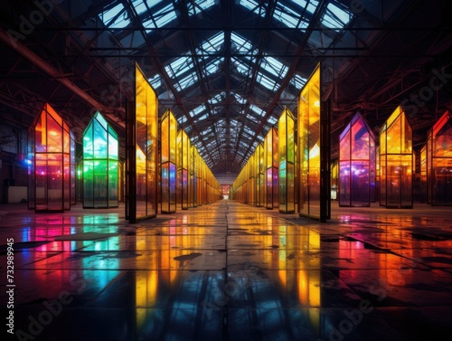 A long hallway with many colorful glass windows. Generative AI.