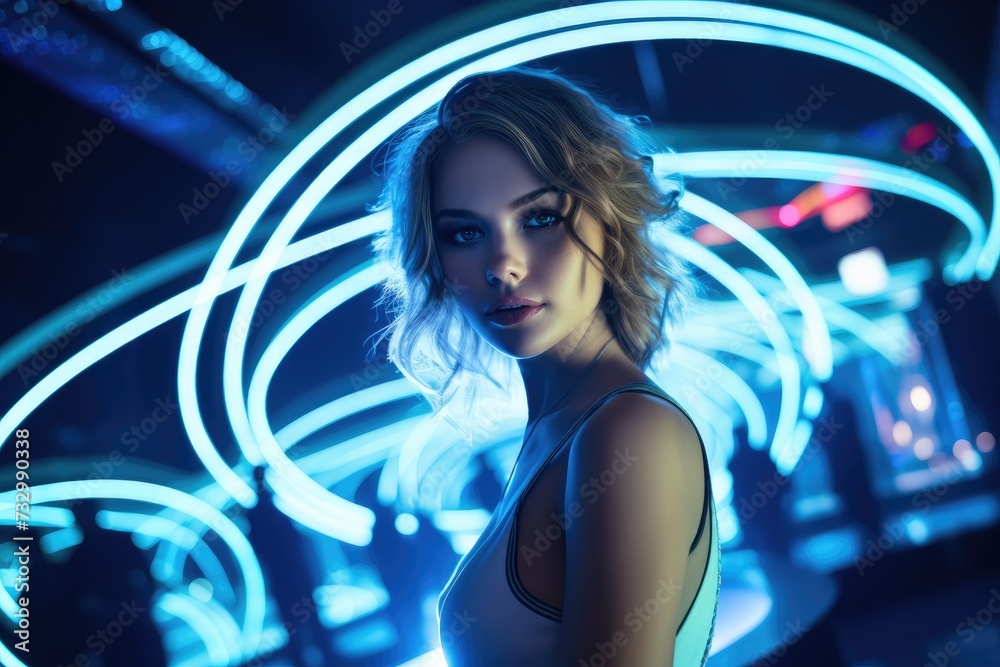 A woman in a nightclub with neon lights. Generative AI.