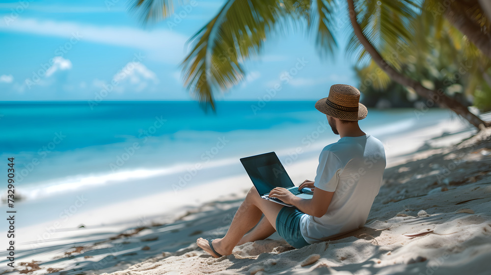 Man working at beach wearing strawhat in summer vacation. Workcation, work from anywhere