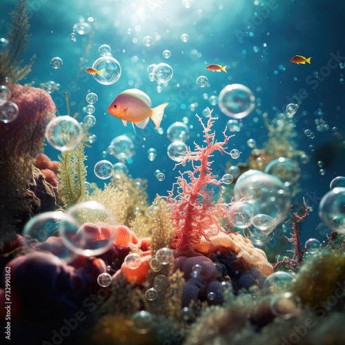Underwater scene with bubbles and coral. Generative AI.