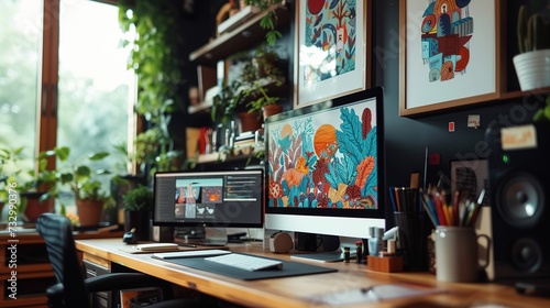 A warm and inviting artist's corner, complete with a computer setup for digital illustrations, surrounded by vibrant houseplants and framed artworks.