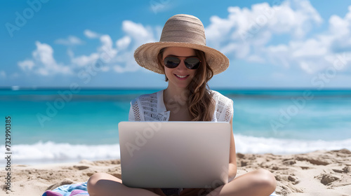 Woman working at beach wearing strawhat in summer vacation. Workcation, work from anywhere photo