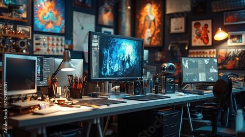 An organized graphic design workspace filled with monitors displaying creative projects, drawing tools, and inspirational art.