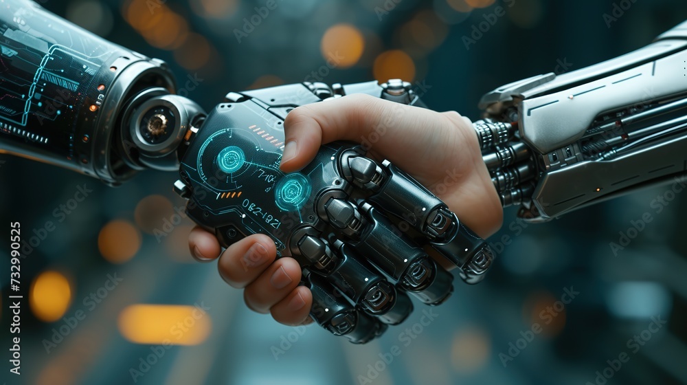 A human hand engaging in a handshake with a highly detailed robotic arm ...