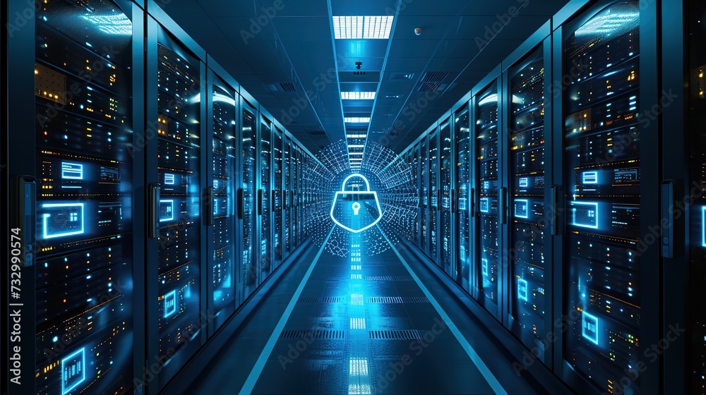 A view down the aisle of a high-security data center with rows of encrypted servers highlighted by a holographic padlock, emphasizing state-of-the-art cyber protection. A view down the aisle of a high-security data center with rows of encrypted servers highlighted by a holographic padlock, emphasizing state-of-the-art cyber protection.