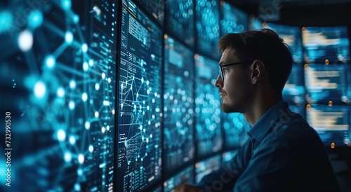 A focused data analyst observing and interpreting complex data visualizations and analytics across multiple monitors in a high-tech environment.