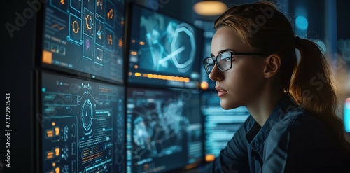 A female cybersecurity expert closely examines real-time threat data on a high-resolution display panel in a modern network security operations center. photo