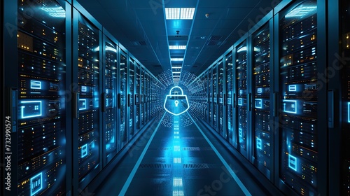A view down the aisle of a high-security data center with rows of encrypted servers highlighted by a holographic padlock, emphasizing state-of-the-art cyber protection.