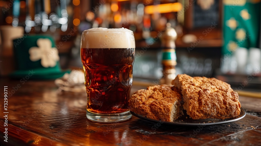 Pint of Irish stout beer with a perfect foam head and a plate of traditional Irish soda bread. Irish pub with St. Patrick's Day decor. Wide format banner. AI Generated Pint of Irish stout beer with a perfect foam head and a plate of traditional Irish soda bread. Irish pub with St. Patrick's Day decor. Wide format banner. AI Generated