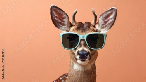 Deer stylish wearing sunglasses poses against a vibrant background. Creative animal concept banner © AlfaSmart