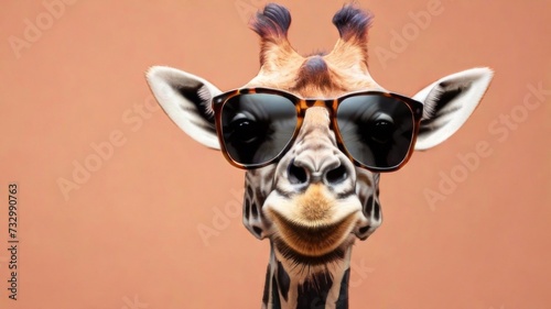 Giraffe stylish wearing sunglasses poses against a vibrant background. Creative animal concept banner