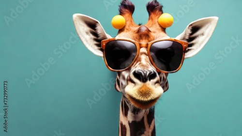 Giraffe stylish wearing sunglasses poses against a vibrant blue background. Creative animal concept banner