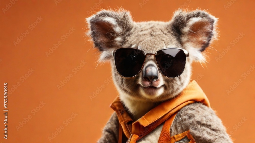 Koala stylish wearing sunglasses poses against a vibrant orange background. Creative animal concept banner