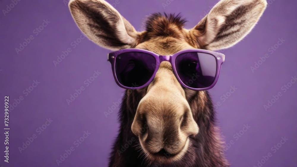 Moose stylish wearing sunglasses poses against a vibrant purple background. Creative animal concept banner