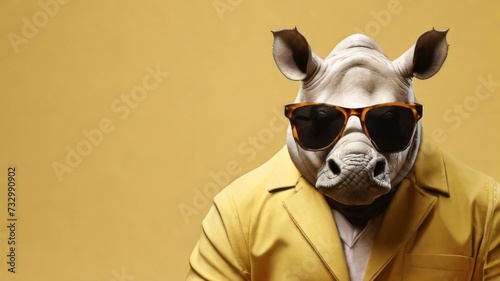Rhinoceros stylish wearing sunglasses poses against a vibrant yellow background. Creative animal concept banner