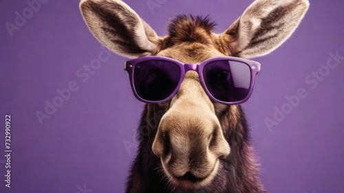Moose stylish wearing sunglasses poses against a vibrant purple background. Creative animal concept banner