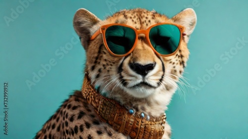 Cheetah stylish wearing sunglasses poses against a vibrant blue background. Creative animal concept banner