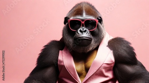 Gorilla  stylish wearing sunglasses poses against a vibrant pink background. Creative animal concept banner photo