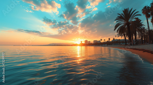 Strand in der Südsee mit Palmen und einem Blick auf eine Stadt am Horizont viel Meer und Sonnenaufgang oder Sonnenuntergang © pegasus24.com