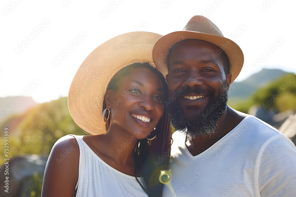 Young adult heterosexual African American couple in beautiful green summer nature. Neural network generated image. Not based on any actual scene or pattern.
