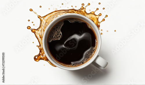 Splashing black coffee from white cup isolated on white background, top view