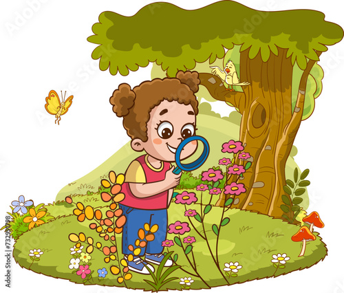 child girl looking at plants with a magnifying glass