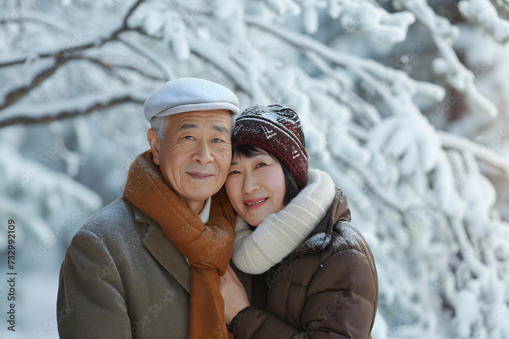 Senior heterosexual Asian couple in beautiful snowy winter nature. Neural network generated image. Not based on any actual scene or pattern.