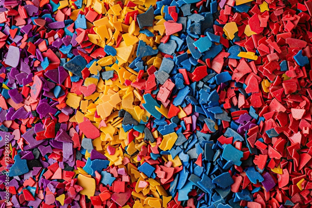 Fototapeta premium Dyed synthetic polymer resins granulates. Recycled plastic granules with mixed colors