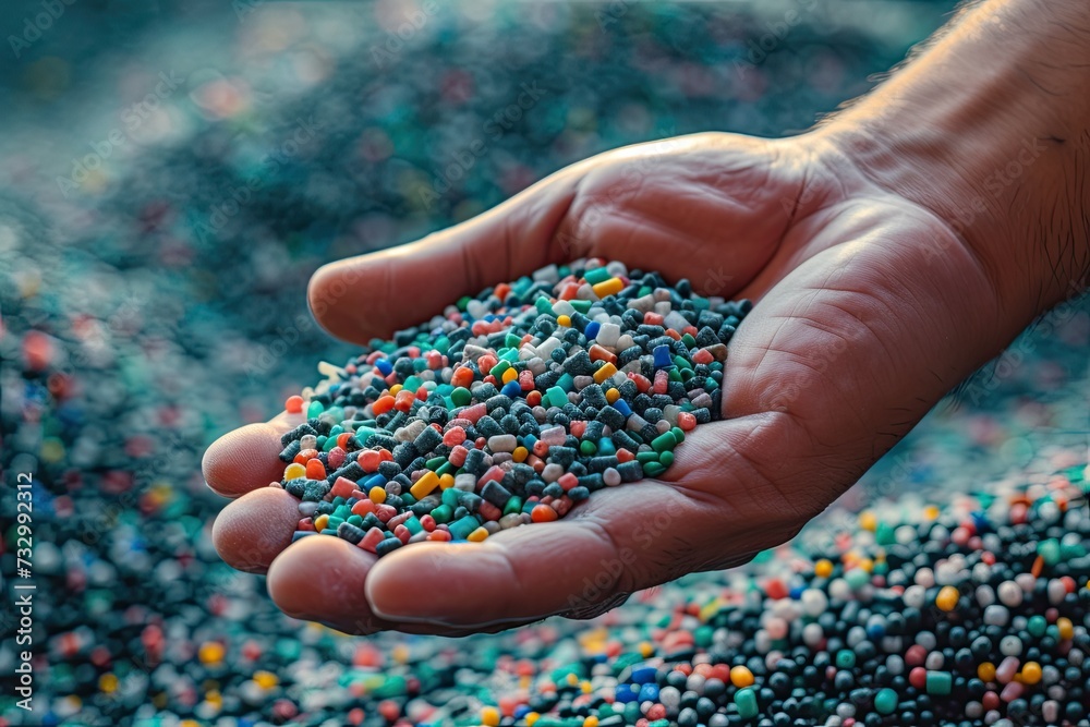 hand holding Dyed synthetic polymer resins granulates. Recycled plastic granules hand holding Dyed synthetic polymer resins granulates. Recycled plastic granules