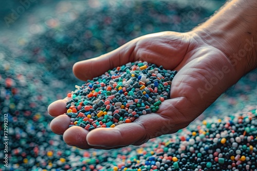 hand holding Dyed synthetic polymer resins granulates. Recycled plastic granules