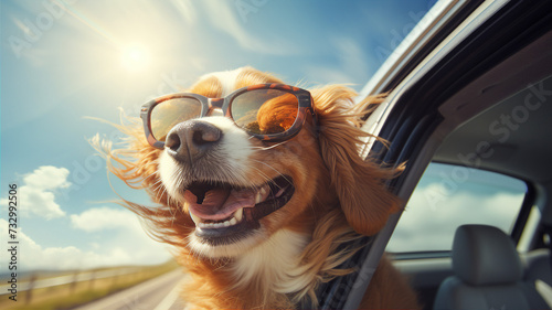 Golden retriever wearing sunglasses enjoying a sunny car ride