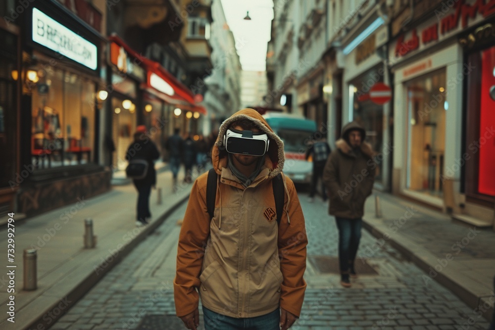 Man walking in the street in augmented reality headset. Virtual reality and futuristic technology concept.