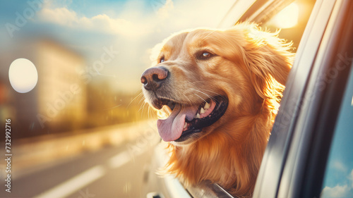 Happy Golden Retriever with head out of car window, enjoying the breeze