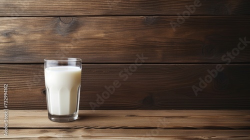 A glass of milk on a wooden background. A delicious, healthy snack. A protein drink rich in calcium. photo