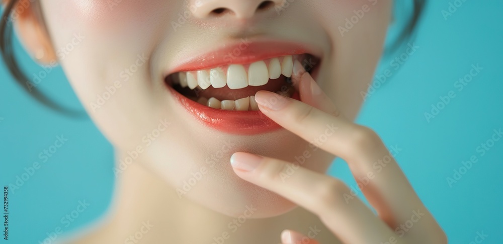Fototapeta premium Close up of mouth of happy woman touching the corners of her mouth, Woman smiling while touching her flawless glowy skin with copy space for your advertisement, skincare.
