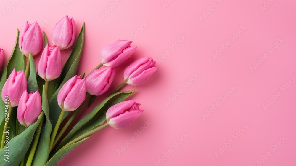 Pink tulips with fresh green leaves on a pink background. Beautiful background for a holiday, valentine's day, women's day. An empty space for the text. Pink tulips with fresh green leaves on a pink background. Beautiful background for a holiday, valentine's day, women's day. An empty space for the text.