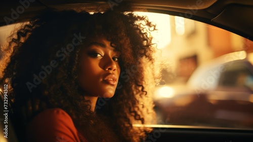 Close-up of a beautiful black woman driving her car at sunset.
