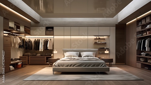A bedroom with overhead storage concealed within a drop-down ceiling design