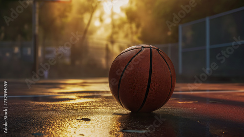 Basketball on street school court after rain, selective focus with copy space