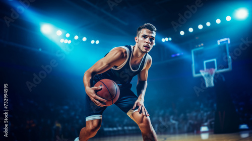 Young basketball player dribbles the ball during the game, low angle shot, professional basketball arena, bright spotlights on the field, advertising shooting
