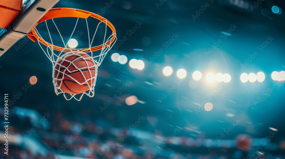 ball in a basketball hoop, bright light in the arena, details of a basketball match, copy space for an idea