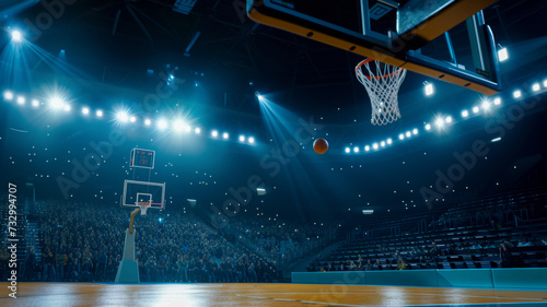 Basketball arena in the rays of spotlights, the ball flying over the arena, preparing the stadium for competitions, copied space for the concept © Ed