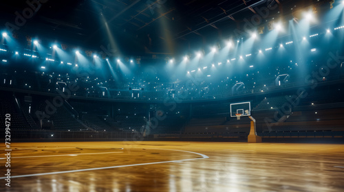 Empty basketball arena in the rays of floodlights, preparing the stadium for competitions, copy space for concept
