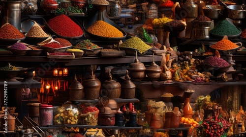 Asian Spice Market. Multicolored spices, purple, red, green, yellow. Spicy, salty, sweet, sour, bitter, spices and herbs.
