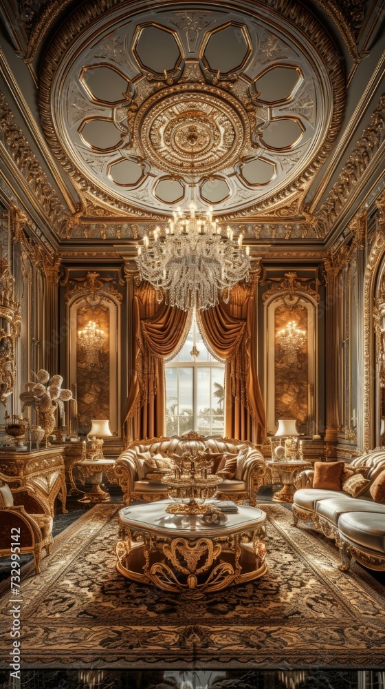 Fototapeta premium Experience opulent luxury in this modern living room, adorned with plush furnishings and sparkling chandeliers. Generative AI.