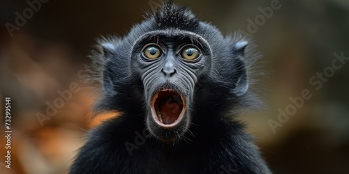 A captivating black monkey with wide-open eyes and a screaming mouth in the wilderness. Generative AI.