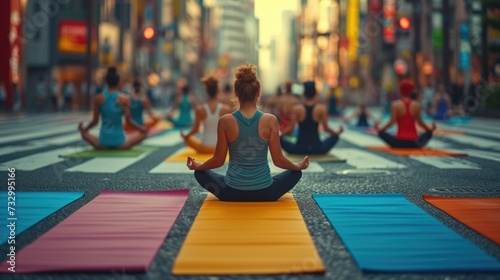 A group of yoga enthusiasts find solace amidst the chaos on a lively city street. Generative AI.
