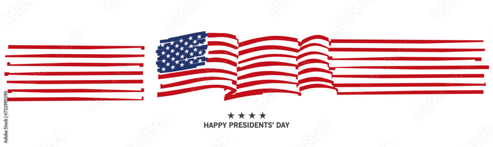 Happy Presidents' Day. USA long wavy abstract flag and ribbon. Banner, poster, greeting card for USA holidays on white background Happy Presidents' Day. USA long wavy abstract flag and ribbon. Banner, poster, greeting card for USA holidays on white background