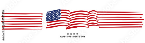Happy Presidents' Day. USA long wavy abstract flag and ribbon. Banner, poster, greeting card for USA holidays on white background