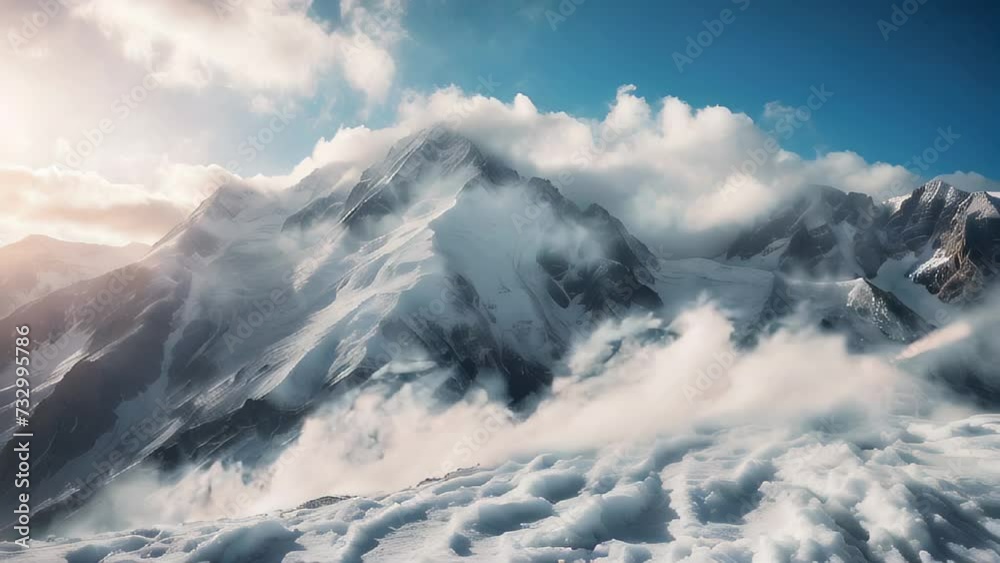 Snow-covered mountain landscape under a blue sky with clouds Snow-covered mountain landscape under a blue sky with clouds